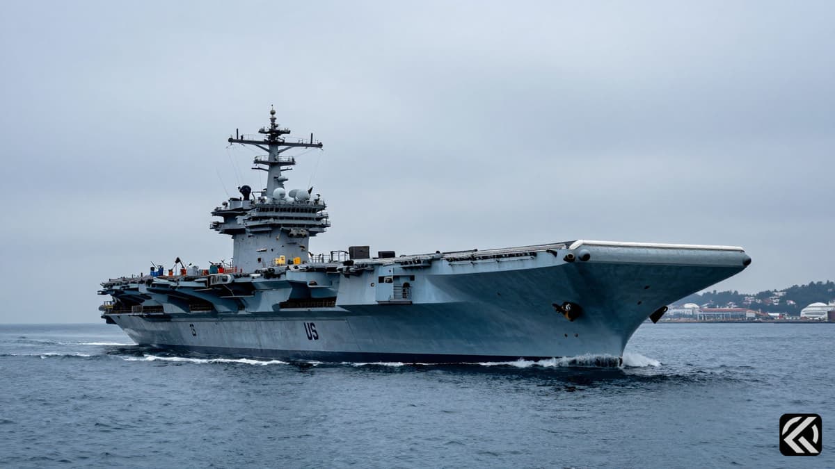 US Navy carrier enforcing a blockade in international waters during a geopolitical crisis.