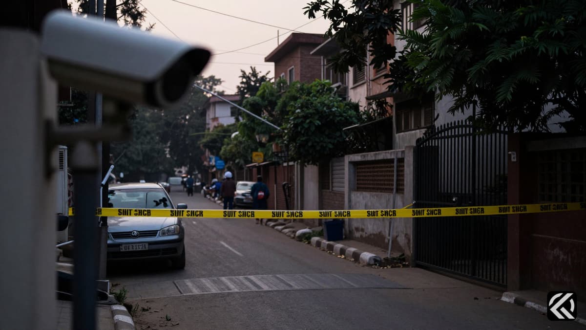 Police tape and surveillance imagery at a South Delhi residential site during an ongoing investigation.