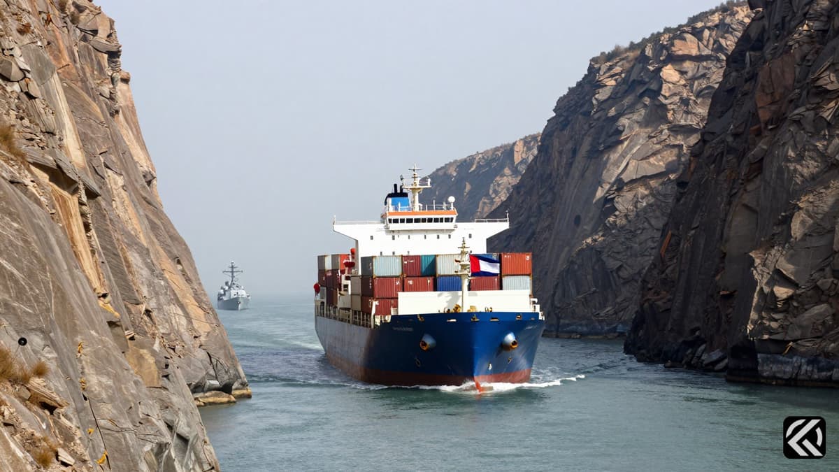 Container ship navigating narrow strategic strait between naval vessels
