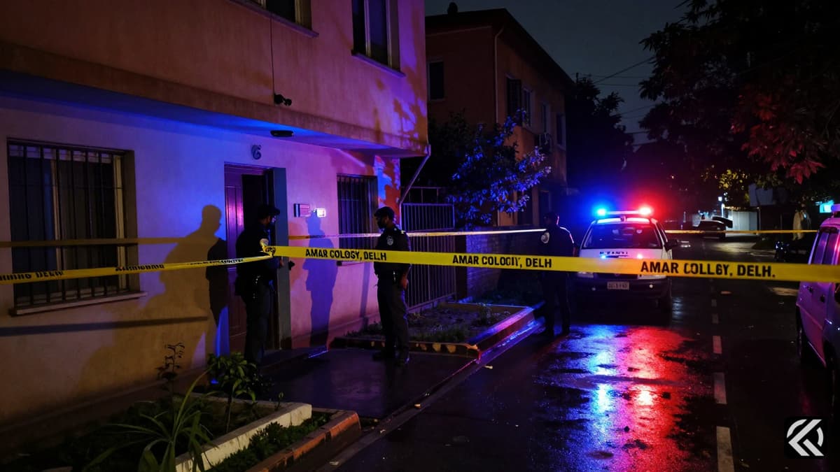 Police tape and lights at a Delhi apartment building entrance during a nighttime investigation.
