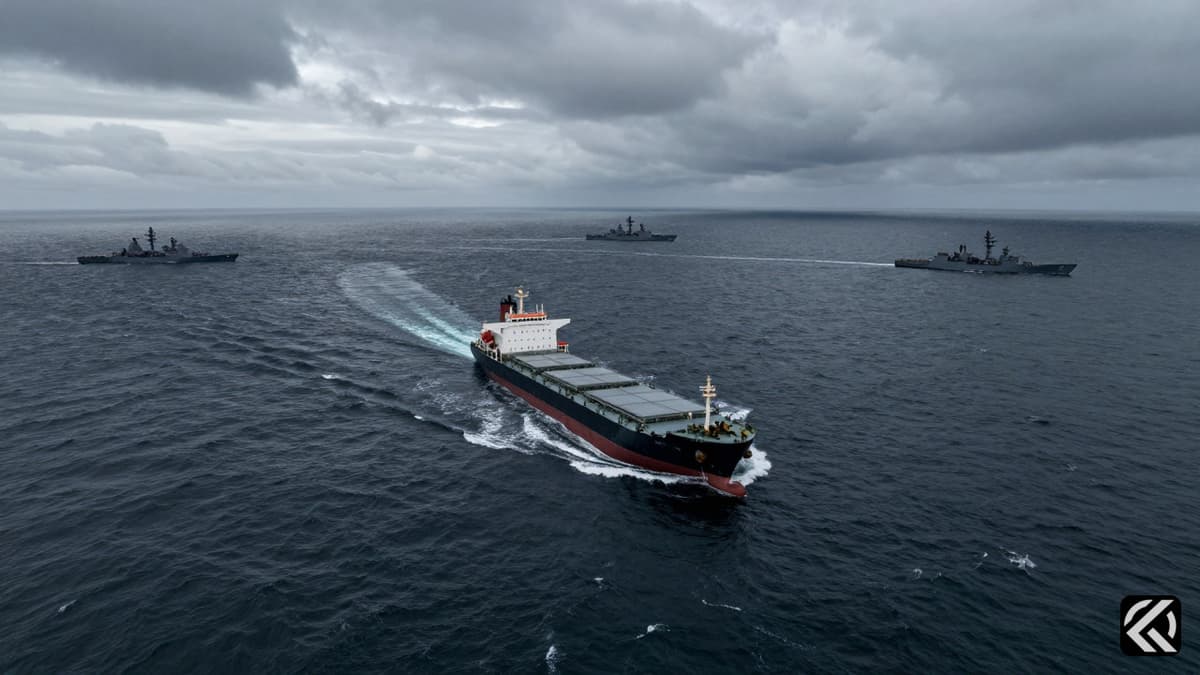 Naval ships surround a commercial vessel in tense ocean waters during a blockade.