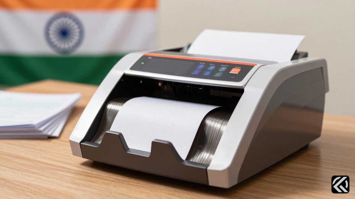 Electronic voting machine and ballot papers on a desk with Indian flag in background