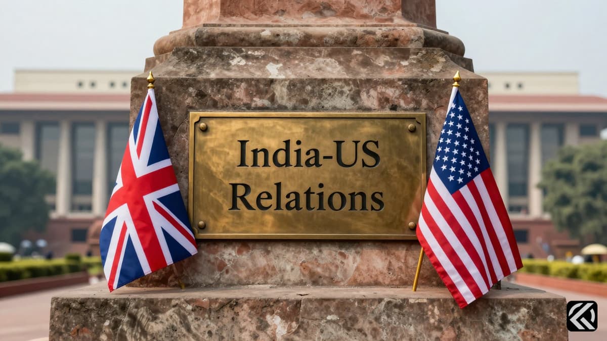 Flags of India and USA on a stone pedestal symbolizing diplomatic tensions.