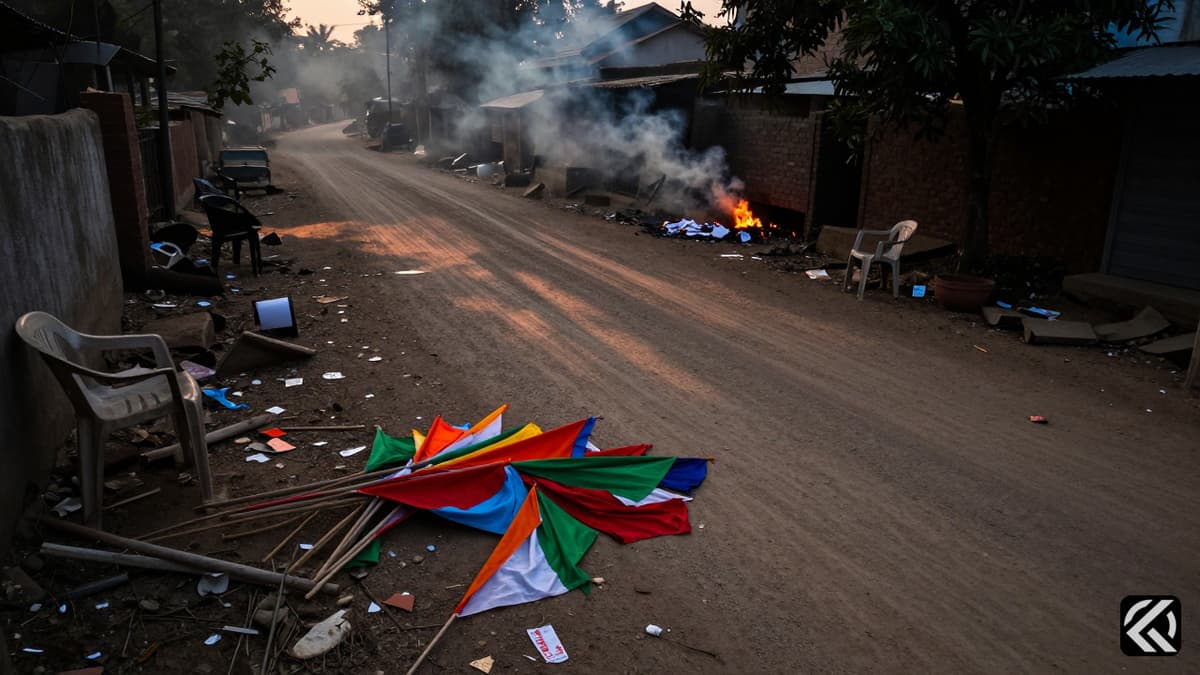 Tangled political flags and smoke in a deserted village street after a disturbance.