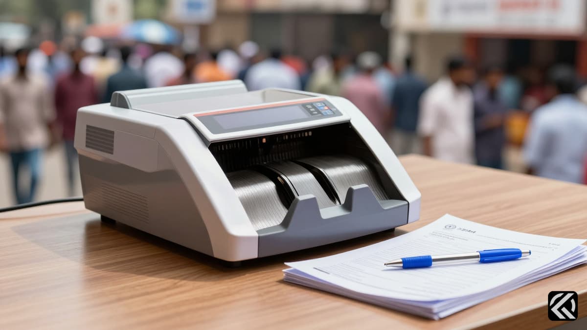 Electronic voting machine and paperwork on a desk symbolizing Indian elections with a blurred street background