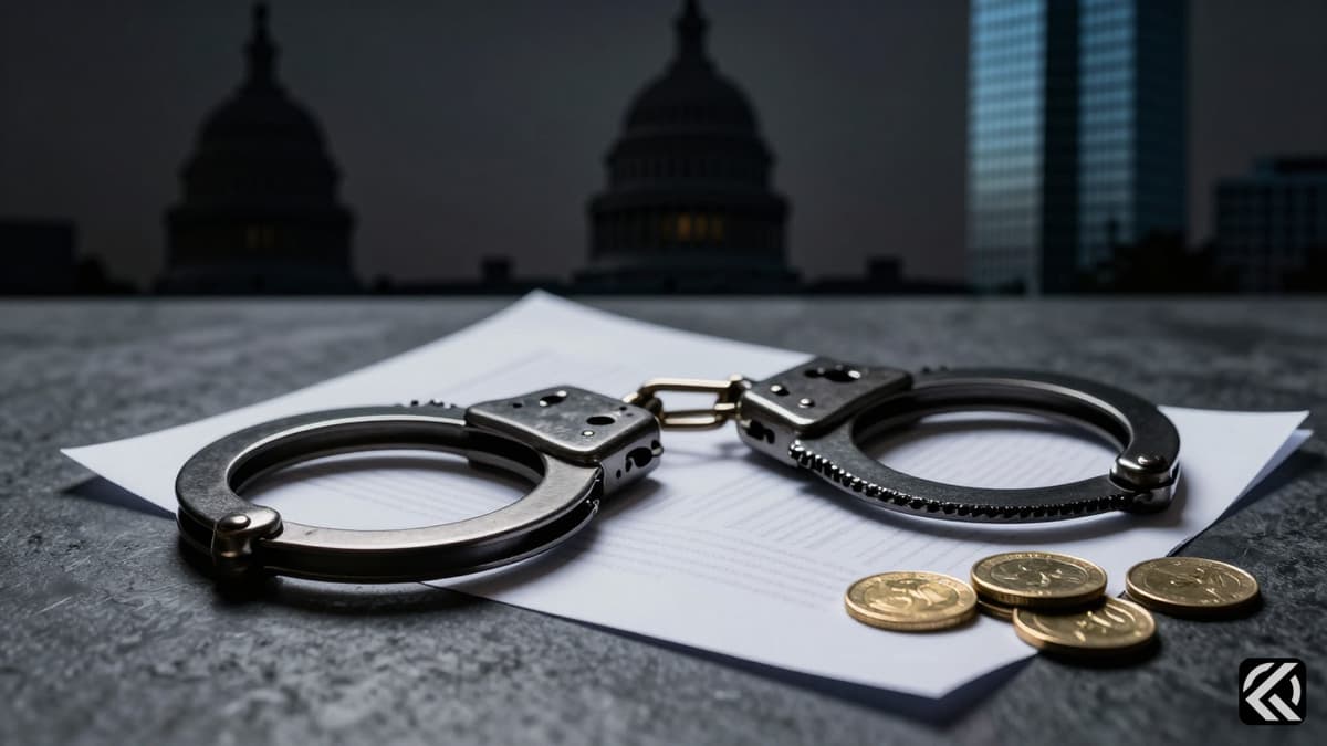 Handcuffs on documents and coins symbolizing insider trading charges.