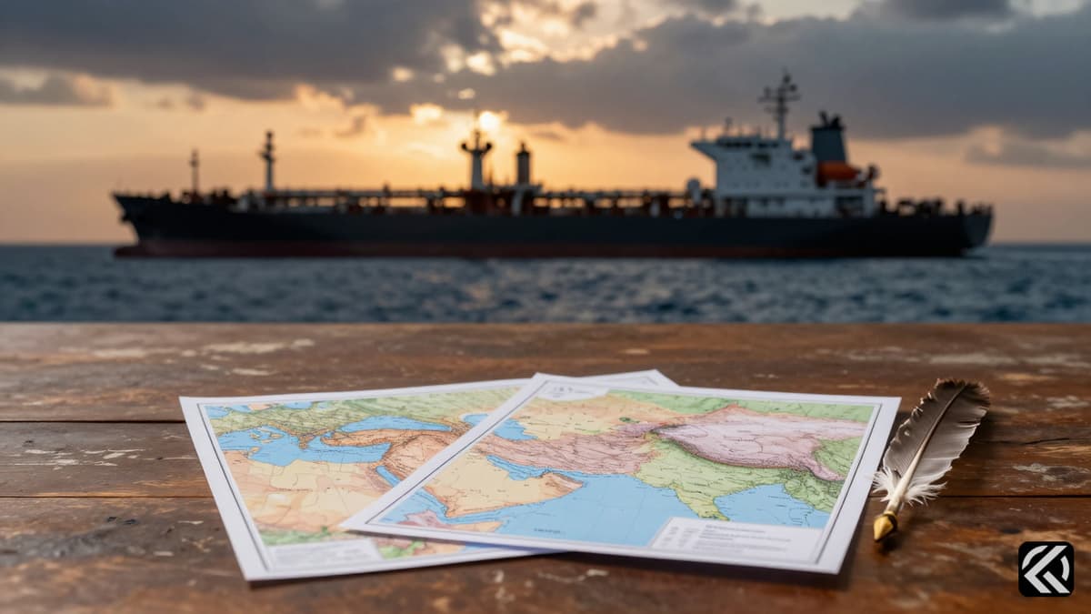Diplomatic documents on a table with an oil tanker and ocean in the background symbolizing Middle East tensions.