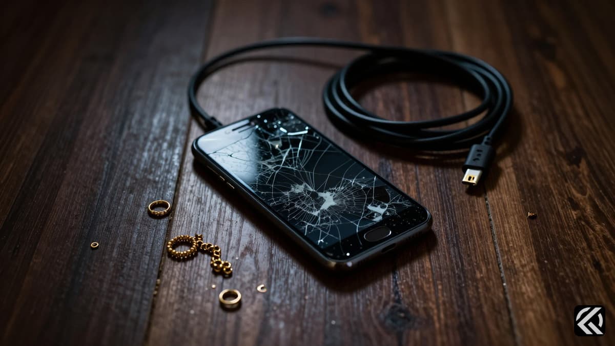 Shattered phone and charging cable on dark floor symbolizing crime scene