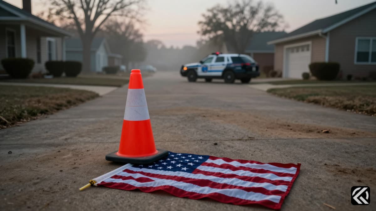 Rural home driveway with police evidence marker and folded flag symbolizing loss and investigation