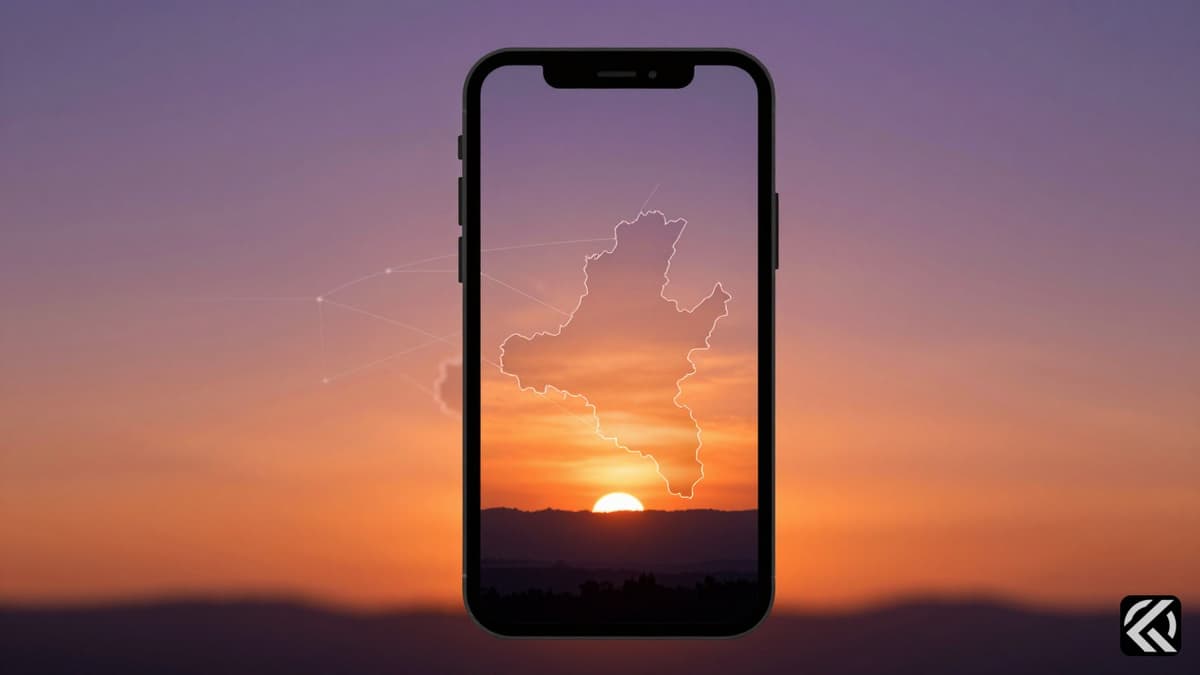 Smartphone displaying sunset digital network connecting to map symbolizing political digital engagement.