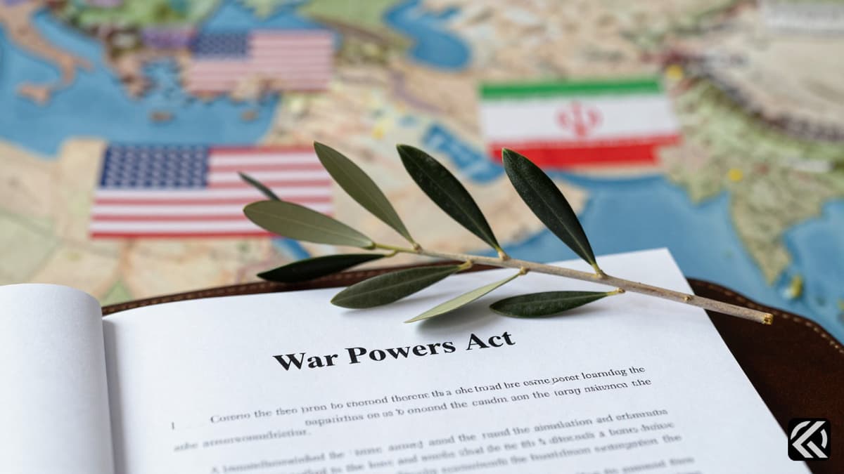 Olive branch on War Powers Act document with Middle East map