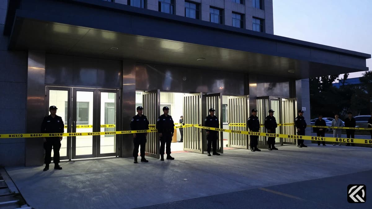Secure government entrance cordoned by police tape during a political dispute over election integrity.