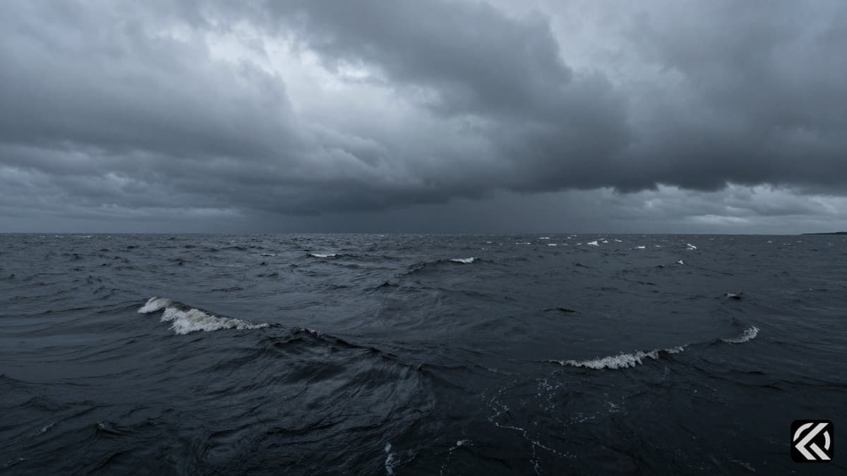 Turbulent dark waters under stormy skies at Bargi Dam, symbolizing grief and loss.