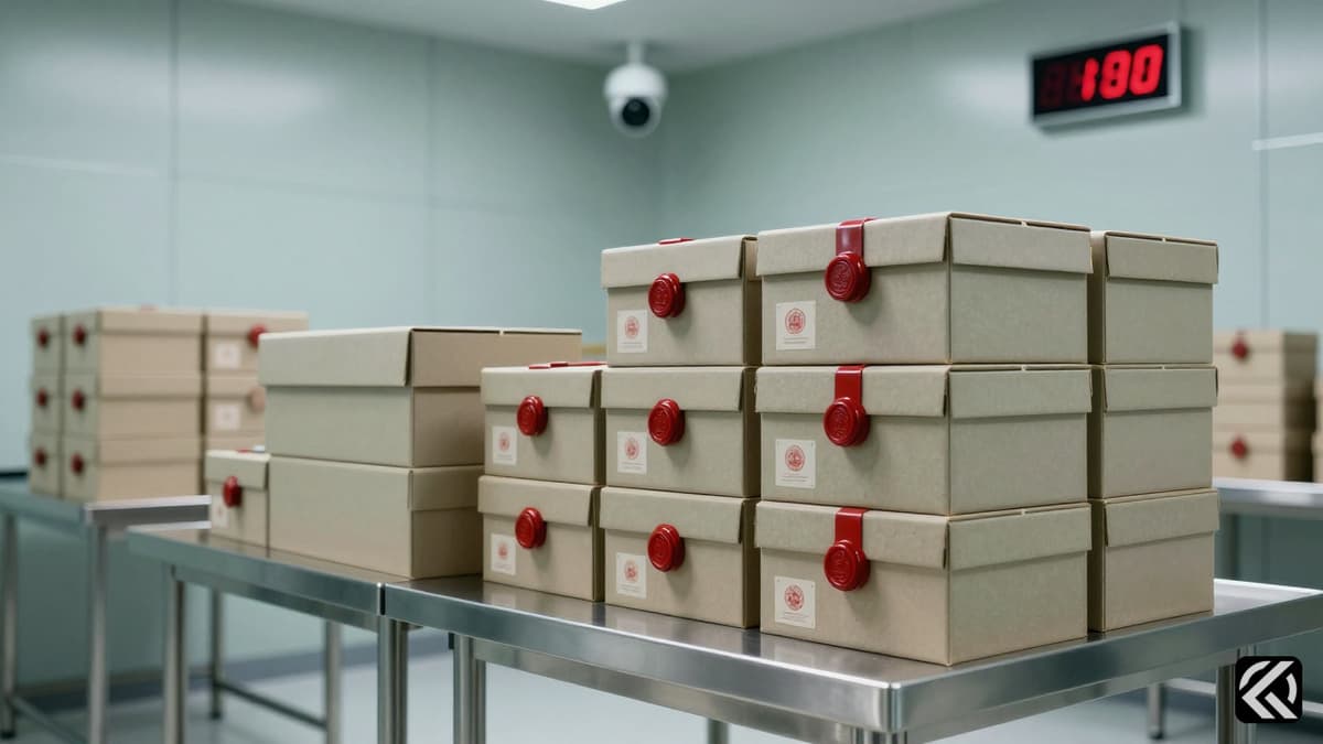 Sealed ballot boxes in a secure monitoring room with CCTV