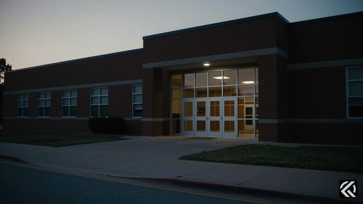 Exterior of a high school building at dusk, reflecting a serious incident atmosphere.