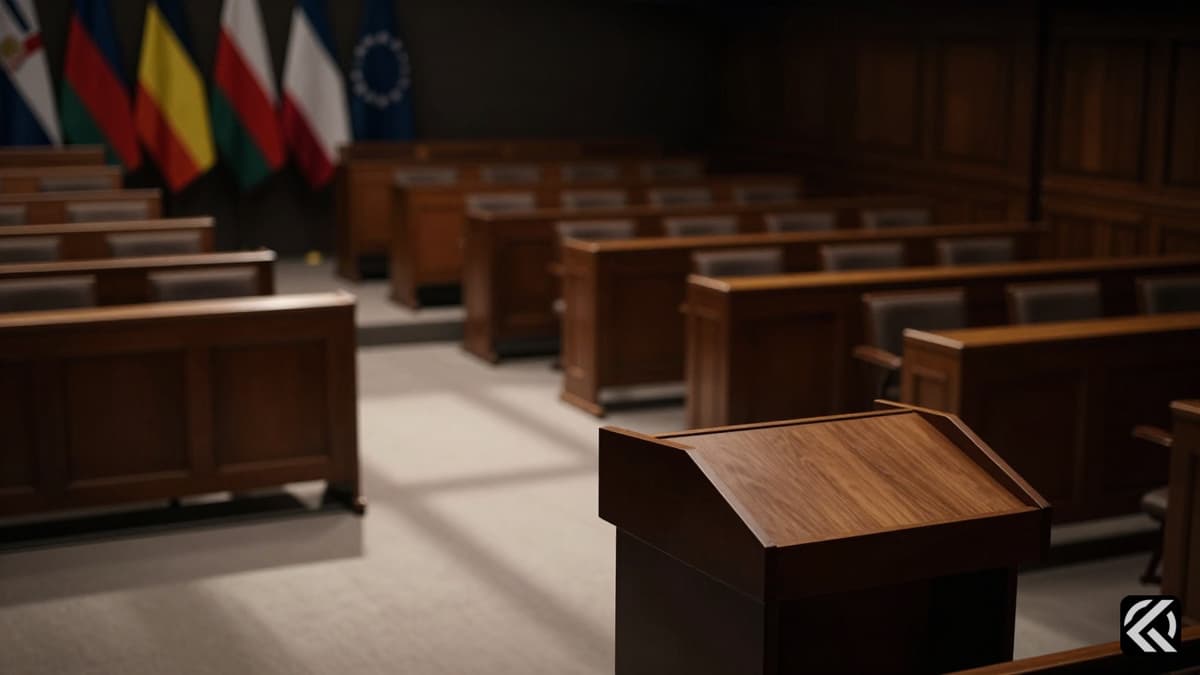 Empty legislative assembly hall with shadows conveying political tension and scrutiny.