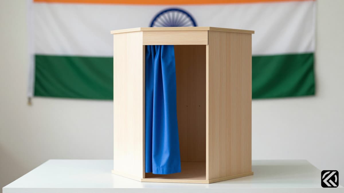 Empty voting booth with Indian flag in background symbolizing election integrity