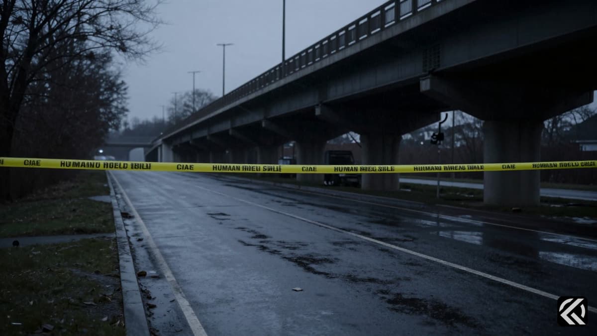 Rain-slicked highway beneath a bridge at dusk symbolizing a crime scene location.