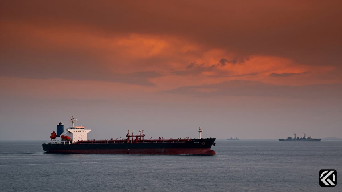 Oil tankers navigate the Strait of Hormuz under tense, cloudy skies reflecting global energy crisis.