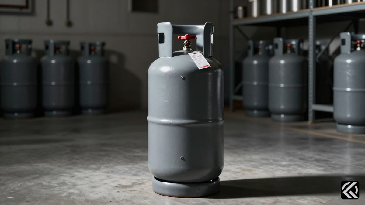 Grey commercial LPG cylinder in a dim industrial warehouse symbolizing rising energy costs for business.