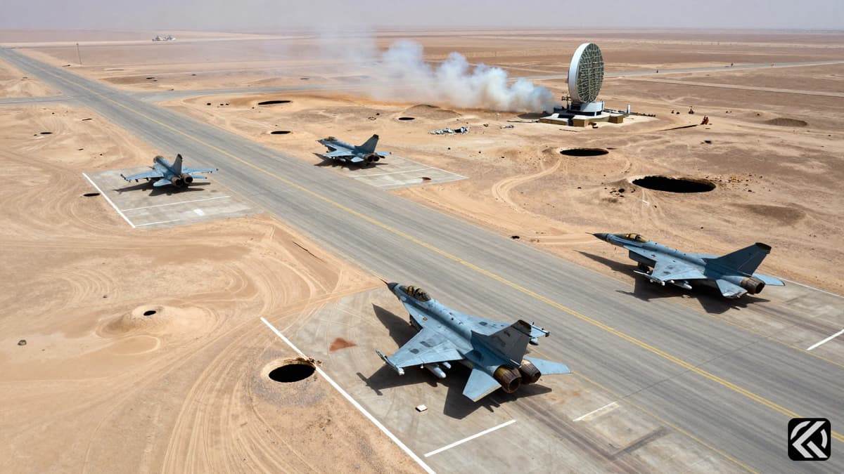 Damaged US military airfield with destroyed radar and aircraft in desert