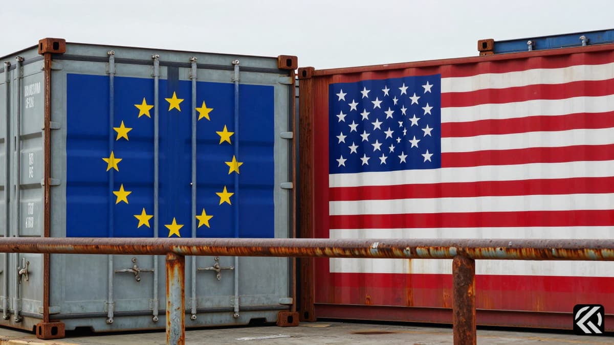Stacked shipping containers with US and EU symbols separated by a metal barrier.
