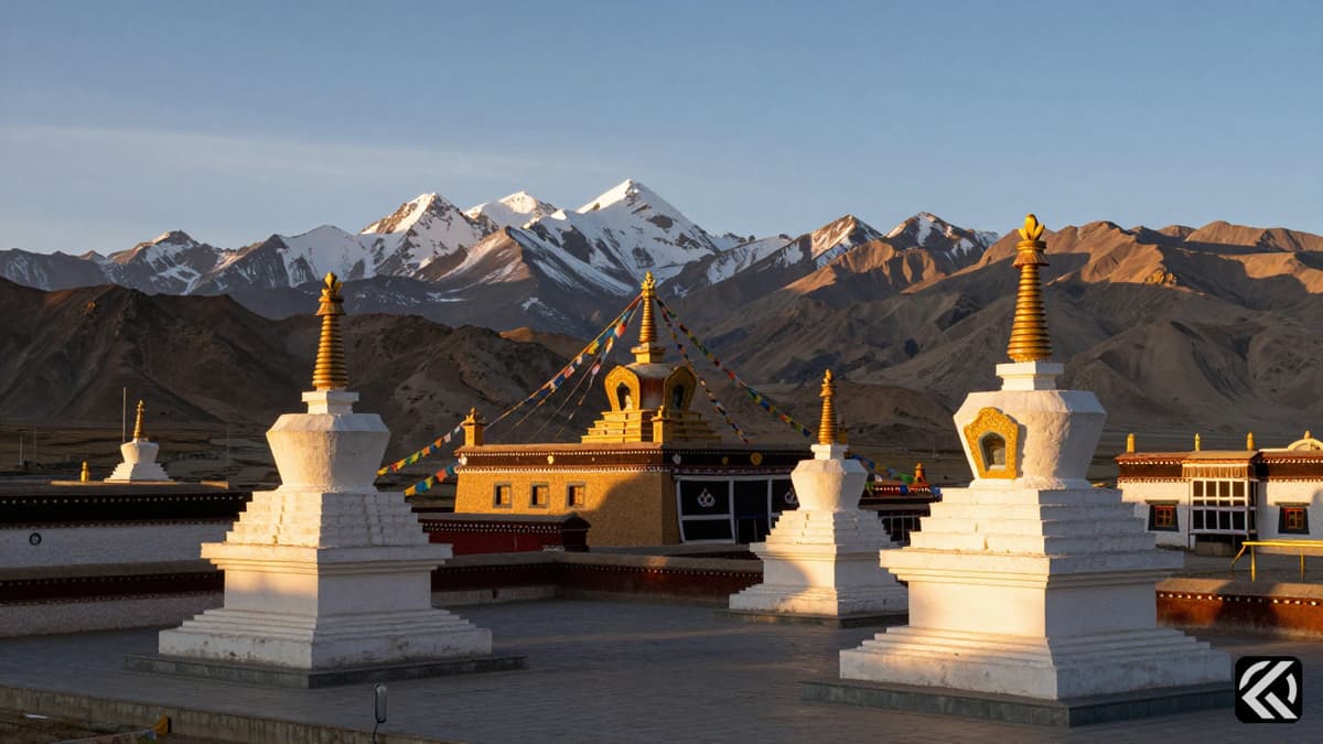 Serene Buddhist stupas and prayer flags in the Ladakh landscape during sunset