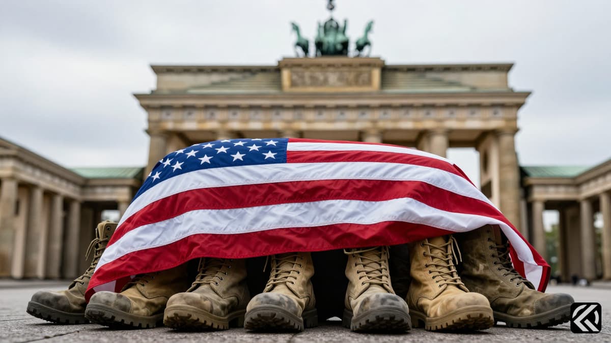 American flag over boots with Brandenburg Gate symbolizing US military presence in Germany.