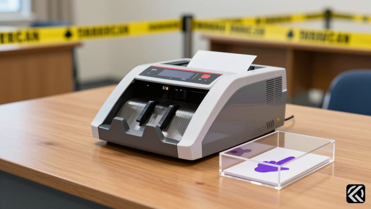 Electronic voting machine and inked finger on a table with security tape in a polling station.