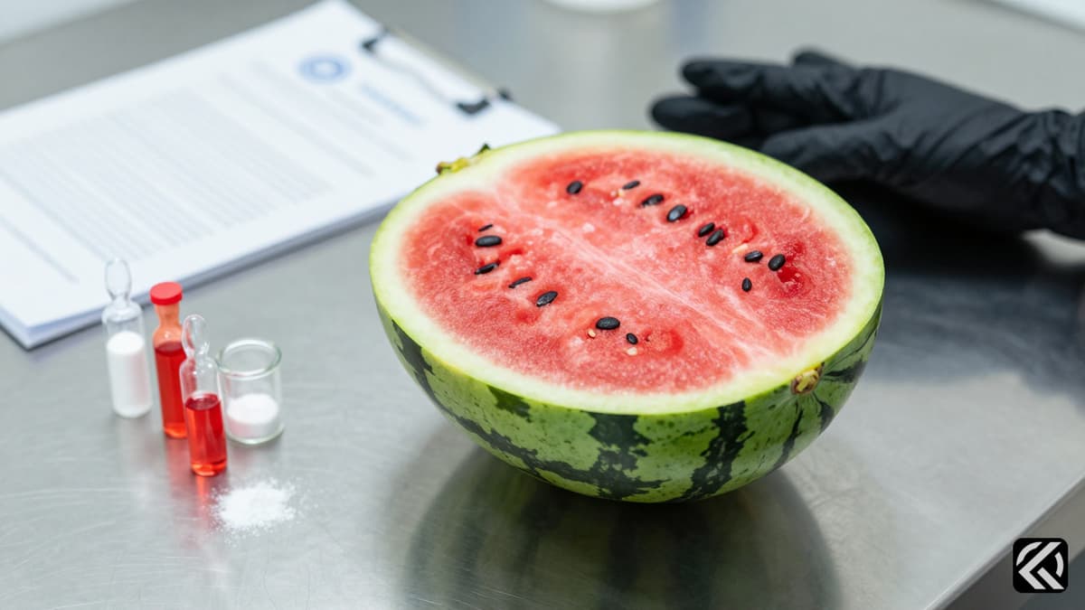 Watermelon slice and forensic sample vials on a sterile lab table.