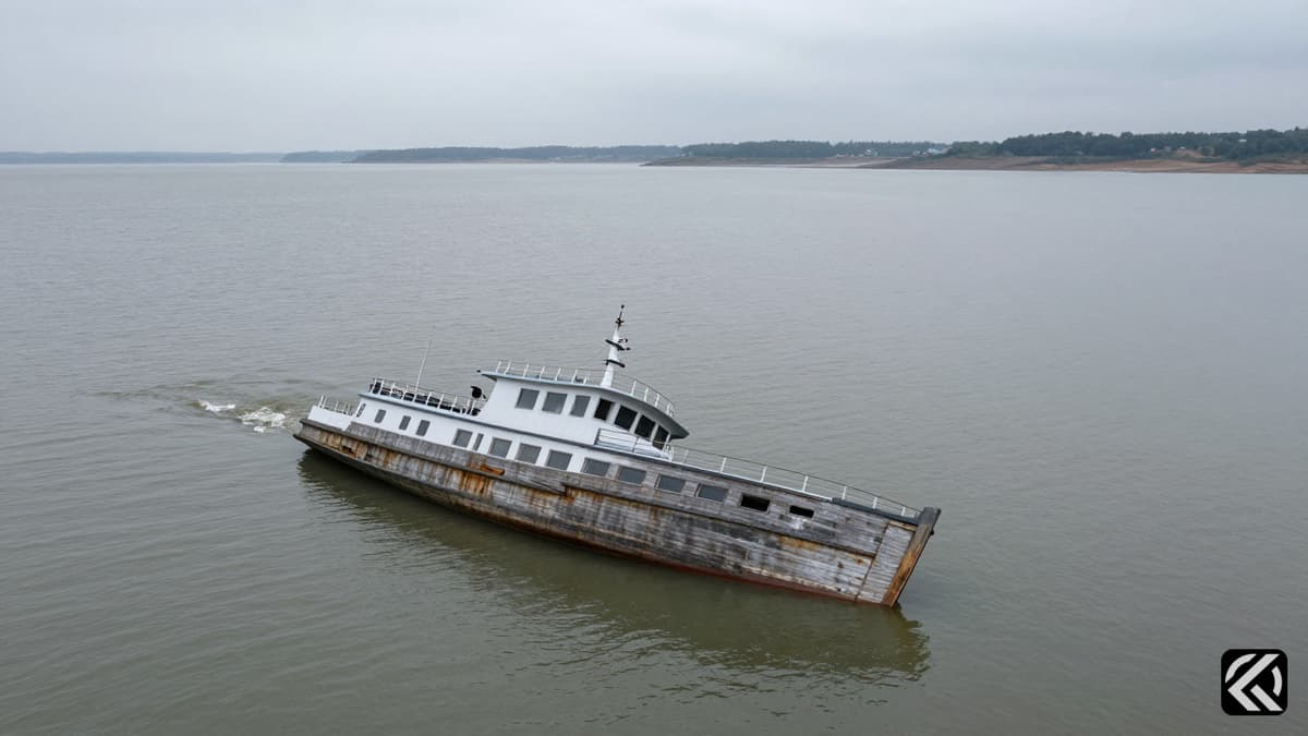 Damaged cruise boat hull partially submerged in churning waters at Bargi Reservoir under grey skies.