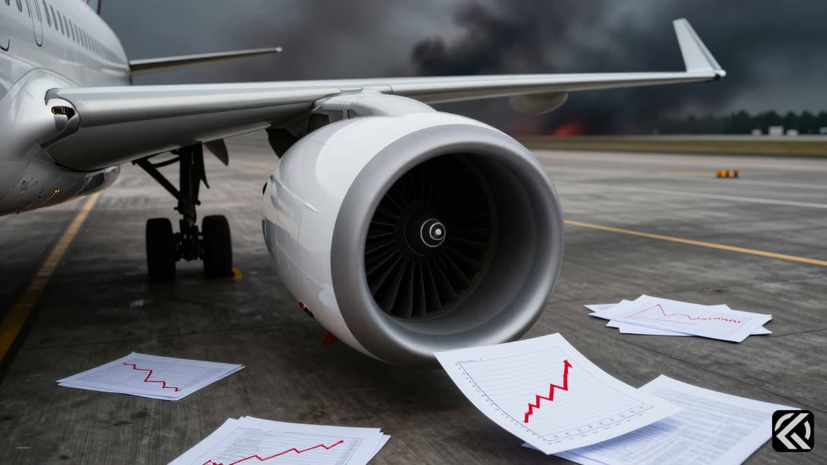 Airplane engine on tarmac with rising financial charts and smoke background
