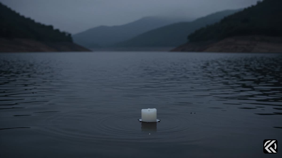 A single white candle floats on the dark, misty waters of a dam reservoir at dusk.