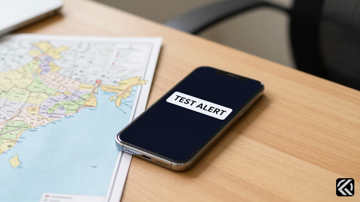 Smartphone displaying a test disaster alert notification next to a map.