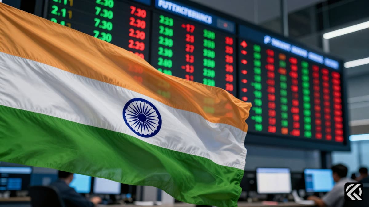 Stock market ticker board with Indian flag overlay symbolizing financial manipulation in elections