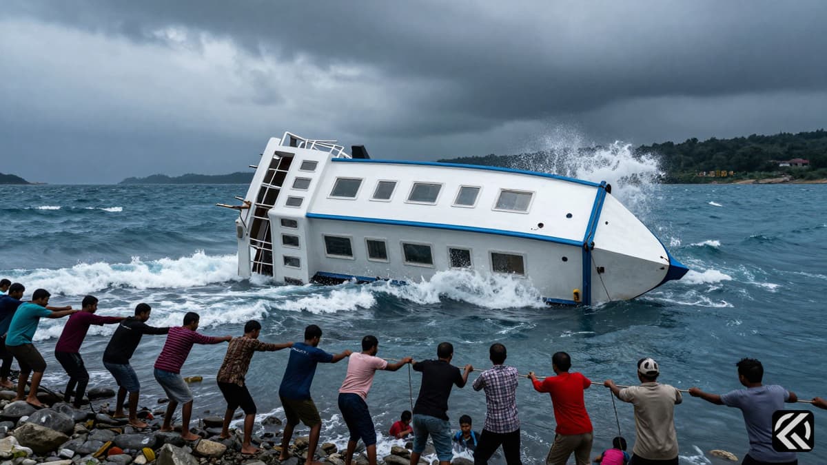 Capsized cruise boat in turbulent Narmada River waters with villagers rescuing passengers during a storm.