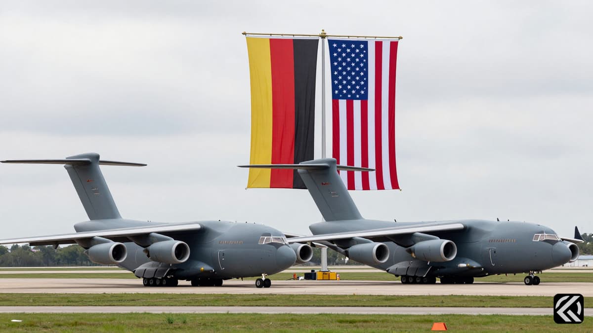 US and German flags near military aircraft symbolizing troop withdrawal tensions