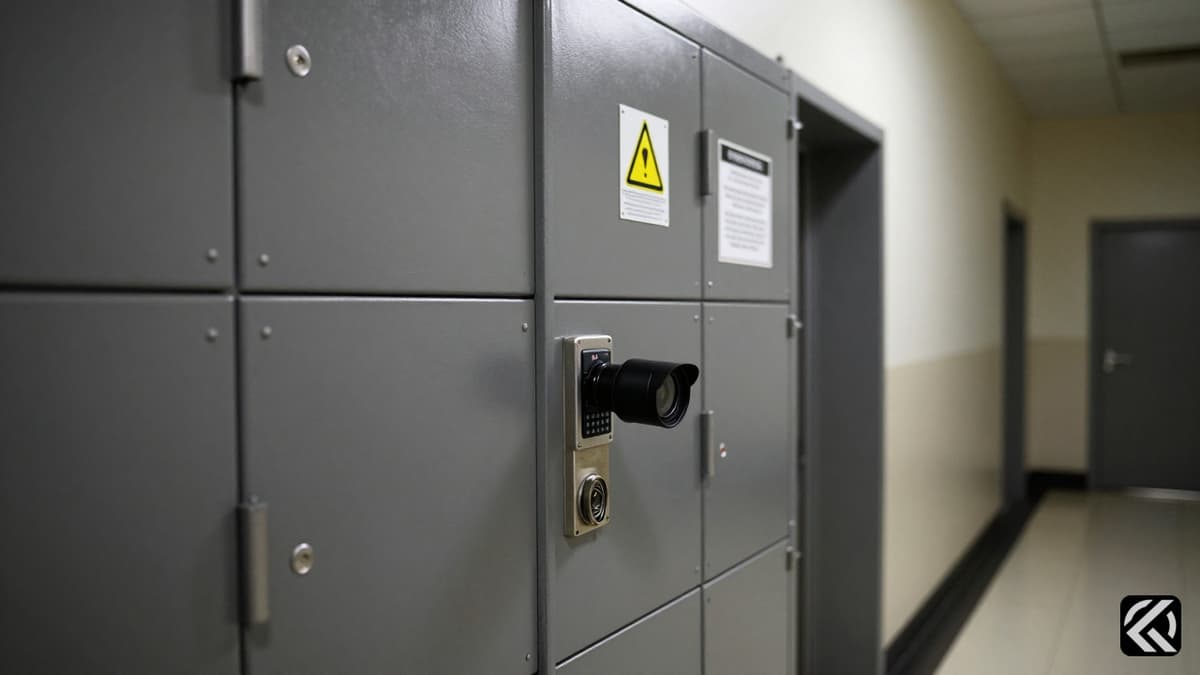 Secure metal EVM strongroom with digital locks in a government corridor under surveillance.