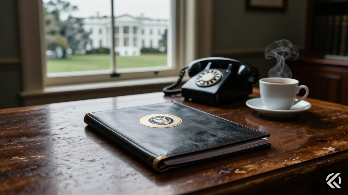 A closed official folder sits on a desk with a rotary phone, symbolizing diplomatic negotiations and policy decisions in Washington DC.