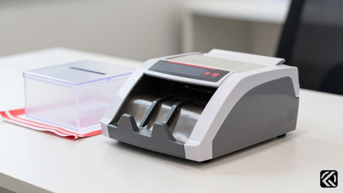 Electronic Voting Machine and ballot box on a table symbolizing democratic elections.