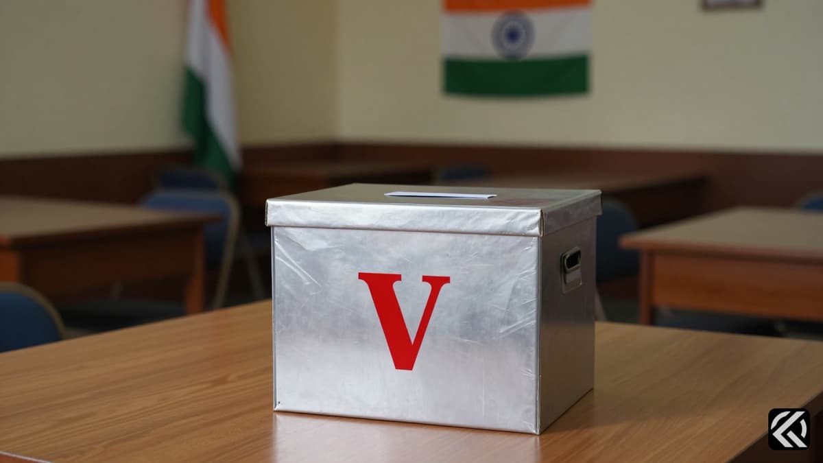 Empty polling station with a ballot box and Indian flag