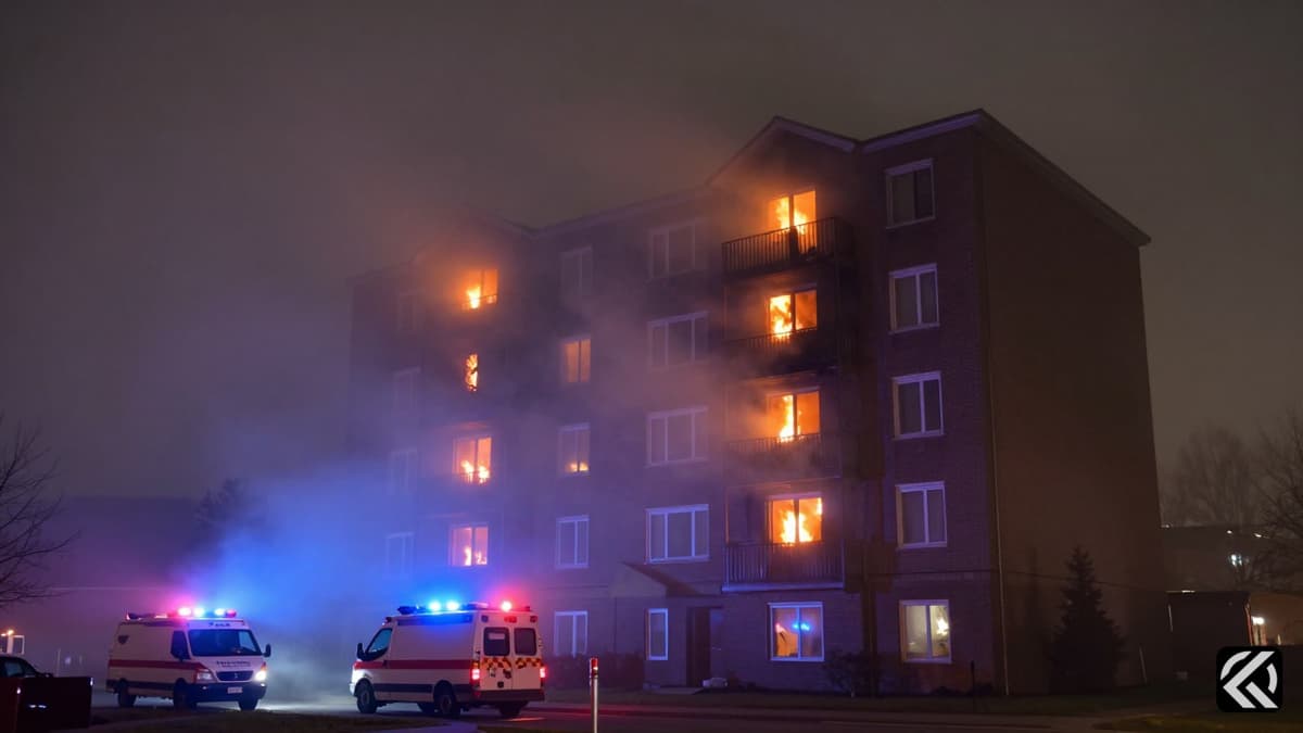 Residential building burning with smoke and emergency lights