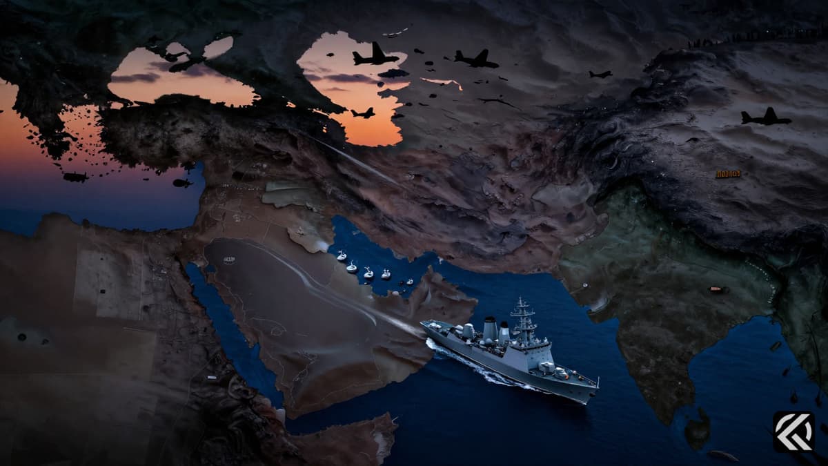 Symbolic representation of Middle East tensions with naval and air conflict imagery