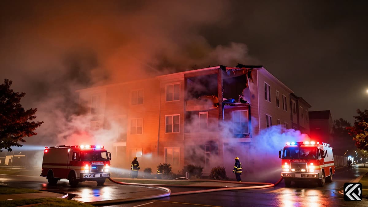 Emergency vehicles with flashing lights surround a smoking building during a night-time fire response.