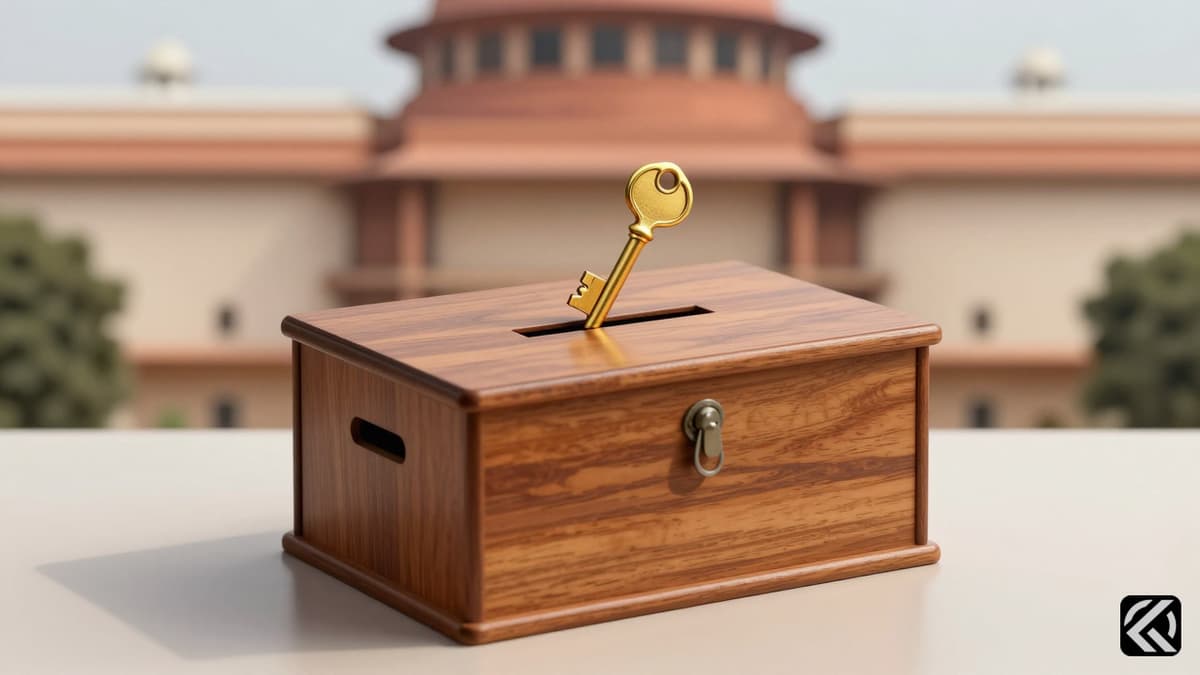 Symbolic wooden ballot box with a golden key representing democratic integrity and electoral security in India.