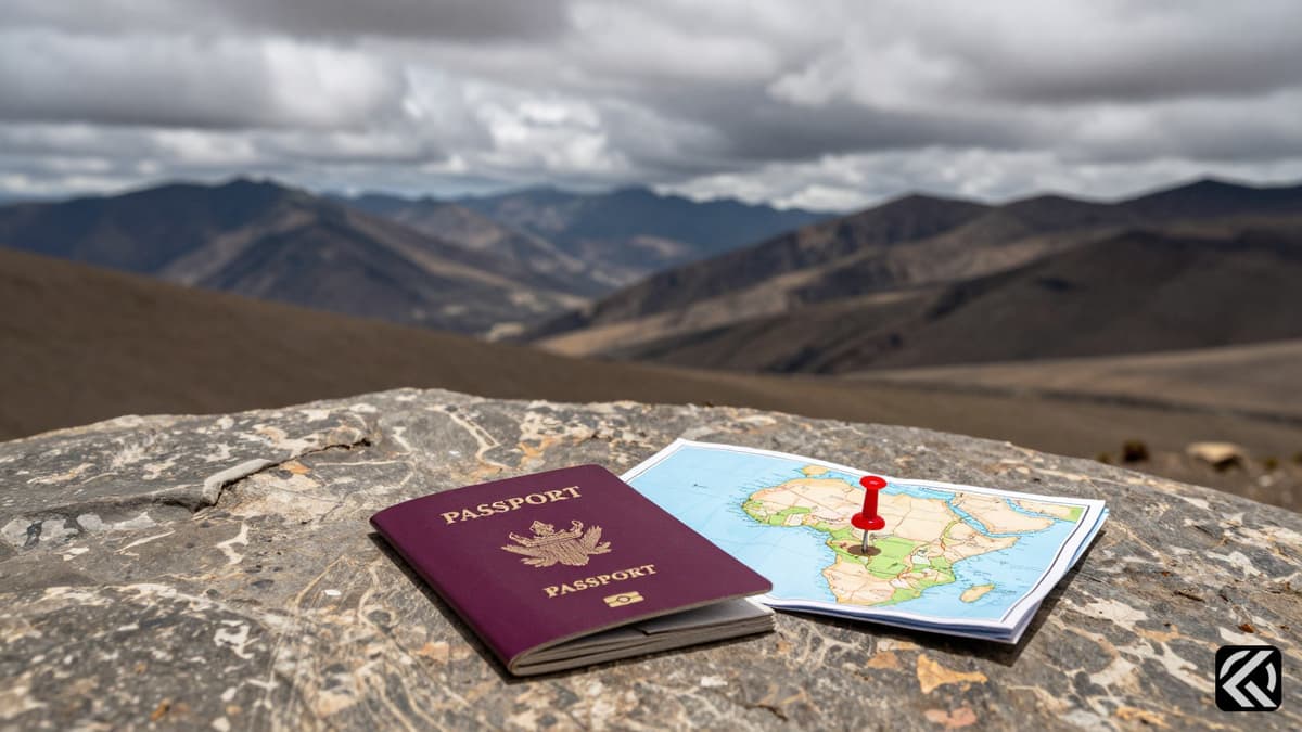 Diplomatic passport on stone with map marking remote African location