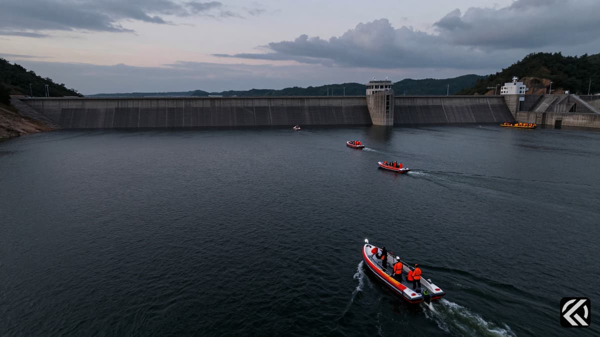 Rescue boats operate on the dark waters of the Bargi dam after a boat tragedy, with the concrete dam visible in the distance.