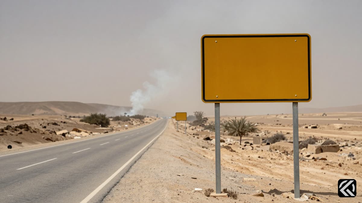 Dusty road sign in rural Lebanon with distant smoke rising from hills under an overcast sky.