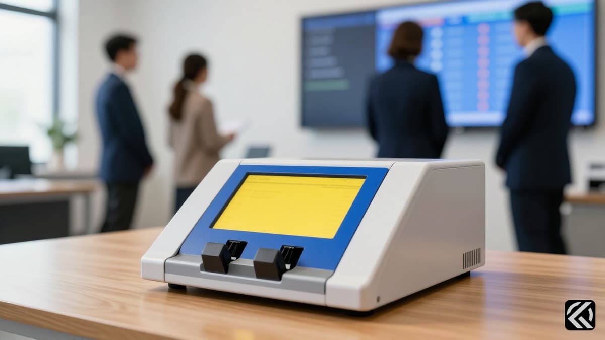 Secure electronic voting machine in a bright, official counting center with observers in the background.