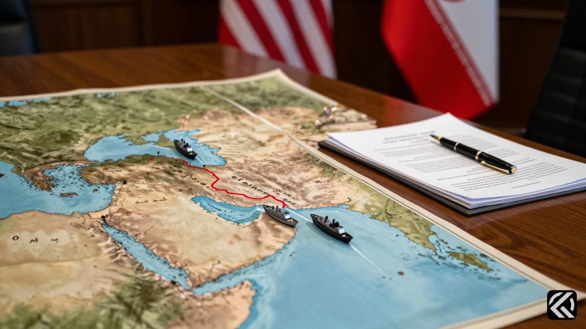 Diplomatic map of Middle East with ships and flags symbolizing conflict.